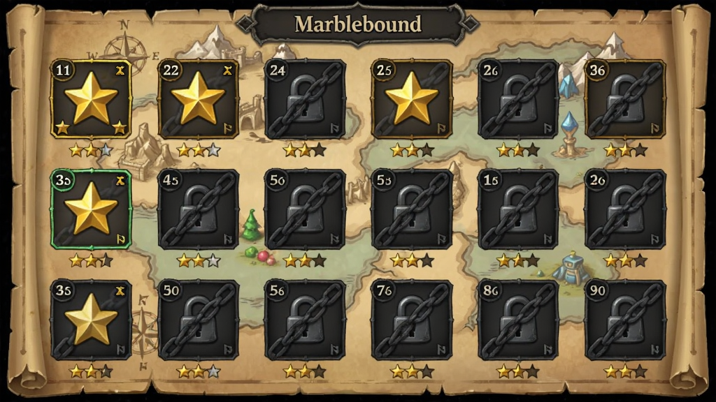 Marblebound关卡选择界面截图,画面以网格形式展示多个关卡节点,已通关的关卡显示金色星星,未解锁的关卡呈现暗灰色锁链图标,背景是展开的奇幻羊皮纸地图,布局清晰规整,风格复古魔幻,细节包含关卡编号与难度星级标识,画质清晰干净,无多余元素