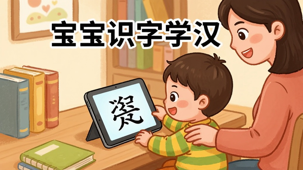 一张展示宝宝识字学汉字在手机和平板上的使用场景图,画面中一个卡通儿童坐在书桌前使用平板学习汉字,旁边有家长陪伴指导,背景是温馨的家庭书房,风格为温馨卡通插画,细节丰富,画质清晰,干净整洁,无多余元素,图片中文字标注“宝宝识字学汉字”