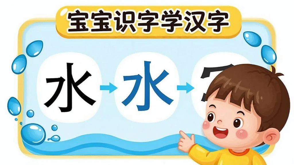 一个卡通风格的儿童正在观看宝宝识字学汉字软件中的汉字动画,画面中显示“水”字的演变过程,从象形文字到现代汉字,周围有流动的水滴动画效果,色彩明亮活泼,风格为儿童插画,画质清晰,干净整洁,无多余元素,图片中文字标注“宝宝识字学汉字”
