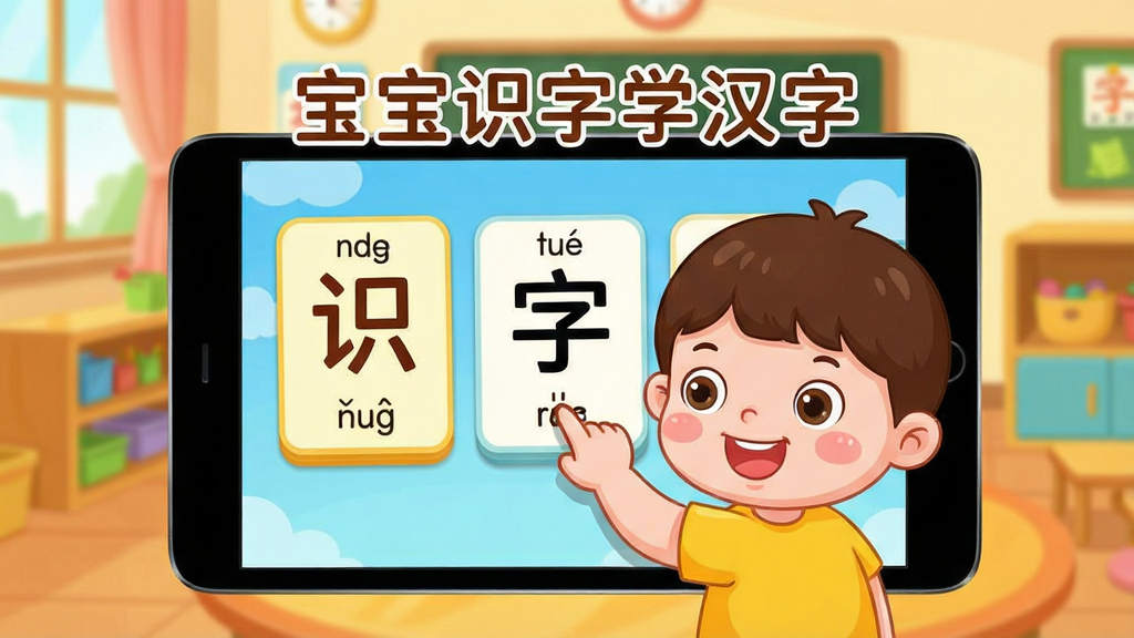 一张展示宝宝识字学汉字软件界面的图片,画面中央是可爱的卡通儿童形象正在点击屏幕上的汉字卡片,周围环绕着色彩鲜艳的汉字和拼音标注,背景是温馨的幼儿园教室环境,风格为卡通插画风,细节丰富,画质清晰,干净整洁,无多余元素,图片中文字标注“宝宝识字学汉字”