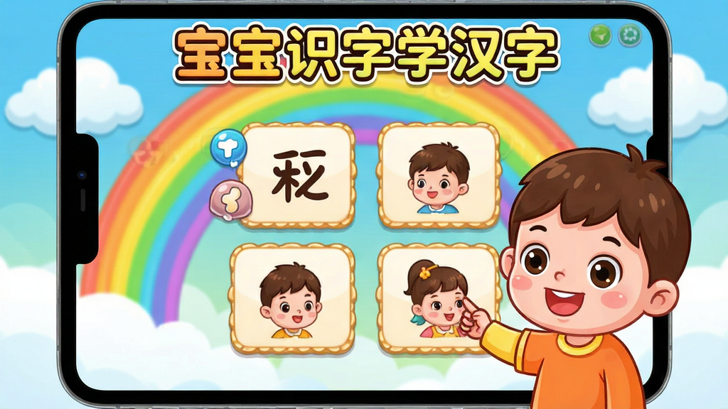 宝宝识字学汉字软件中的互动游戏界面,画面展示一个卡通儿童正在玩“汉字找朋友”游戏,屏幕上有多个汉字卡片和对应的图片,背景是彩虹和云朵,风格为卡通游戏界面,色彩鲜艳,细节丰富,画质清晰,干净整洁,无多余元素,图片中文字标注“宝宝识字学汉字”
