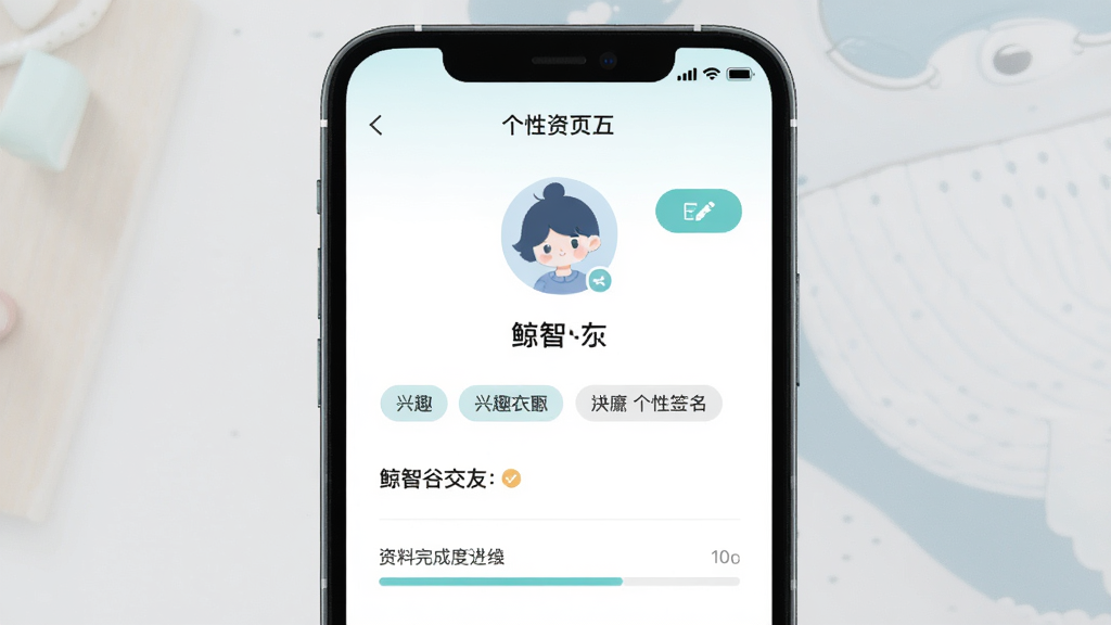 鲸智谷交友个人资料页面,主体为手机屏幕,屏幕内展示用户头像、昵称、兴趣标签与个性签名,布局上下排列,排版整齐,风格柔和清新,细节包含编辑按钮与资料完成度进度条,画质清晰,干净,无多余元素