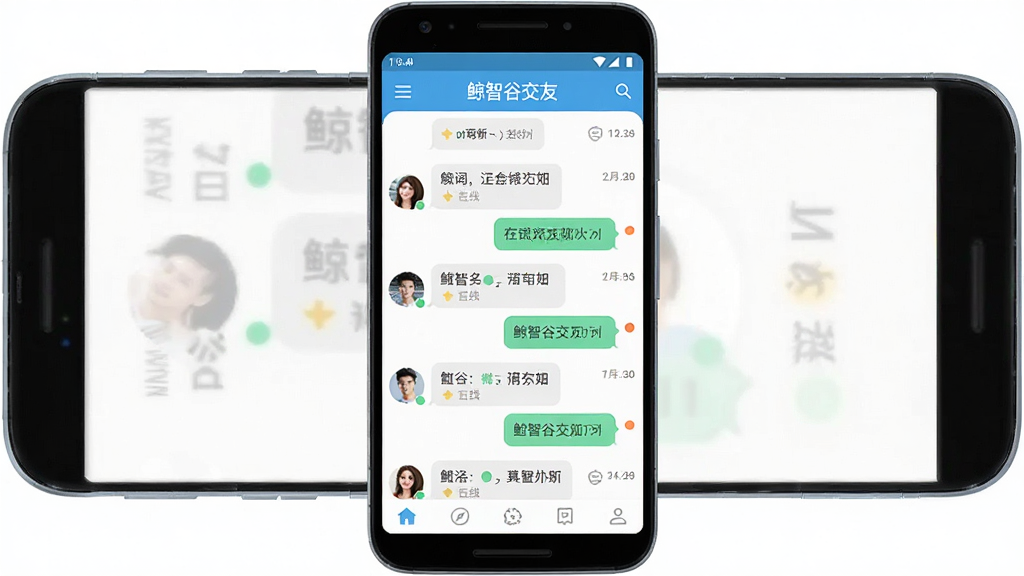 鲸智谷交友软件主界面展示,主体为一部安卓手机屏幕,屏幕内呈现交友聊天列表与用户头像卡片,布局居中,上方为软件名称“鲸智谷交友”,排版简洁,风格清新现代,细节包含聊天气泡、在线状态圆点、底部导航栏,画质清晰,干净,无多余元素