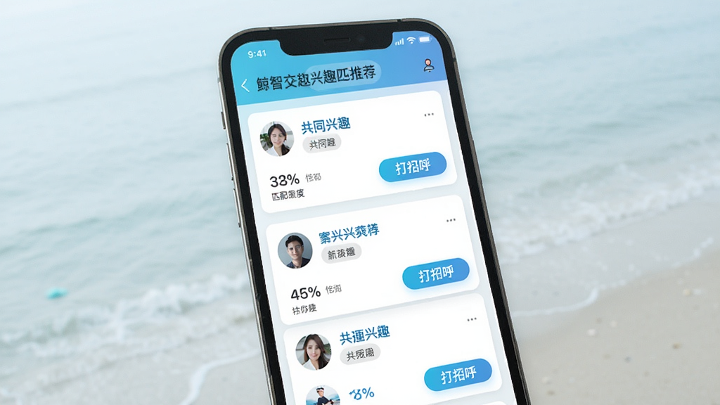鲸智谷交友兴趣匹配推荐页面,主体为手机屏幕,屏幕内展示多个用户推荐卡片,卡片上带有共同兴趣标签,布局为纵向滑动列表,排版清晰,风格简约明快,细节包含匹配度百分比与打招呼按钮,画质清晰,干净,无多余元素