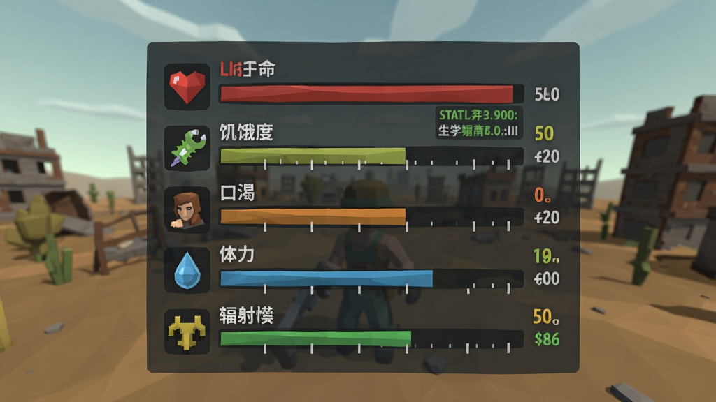 一幅展示废土生存游戏角色属性界面的画面,主体是游戏内的角色状态面板,布局采用居中排版,面板上显示生命值、饥饿度、口渴度、体力值、辐射值等属性条,风格为低多边形游戏UI风格搭配深灰色半透明面板,细节包括属性图标、数值刻度、状态提示文字,画质高清,画面干净,无多余元素