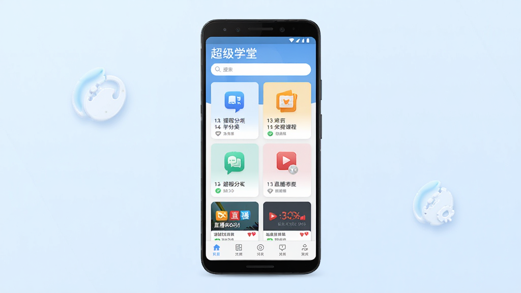 一张展示超级学堂手机端首页界面的预览图,画面中央是一部安卓手机,屏幕上显示课程分类卡片与直播入口,背景为淡蓝色渐变,整体风格清新简约,布局居中对称,细节包含课程图标、搜索栏与底部导航栏,画质高清干净,无多余元素