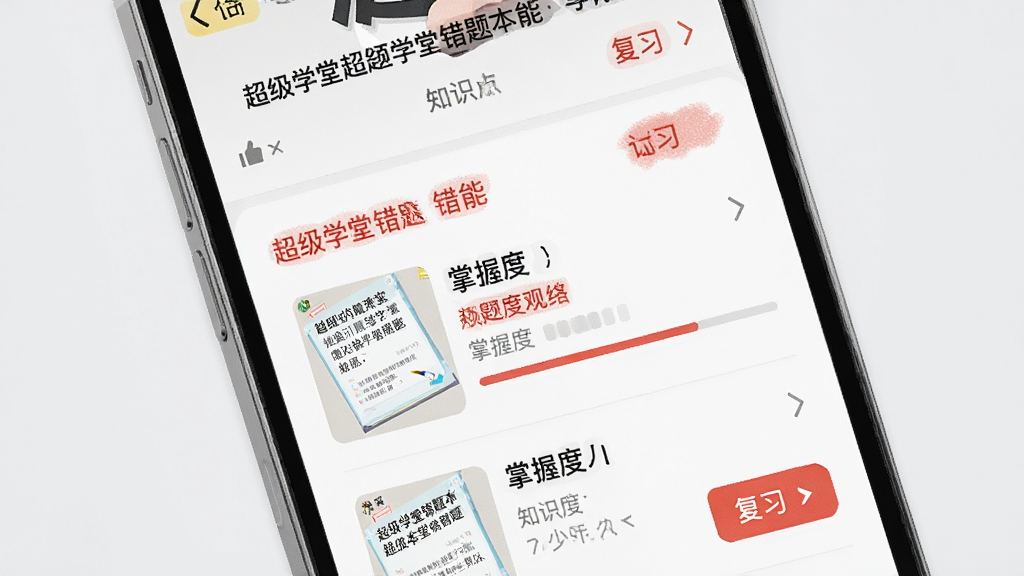 一张展示超级学堂错题本功能的预览图,画面为手机屏幕特写,屏幕中显示错题列表与知识点标签,带有红色标记和复习按钮,背景为浅灰色,风格整洁,细节包含题目缩略图和掌握度进度条,画质高清干净