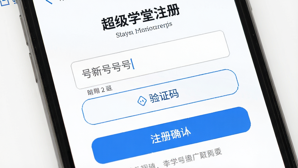 一张展示超级学堂注册页面的预览图,画面为手机屏幕特写,屏幕中显示手机号输入框、验证码按钮与注册确认按钮,背景为白色搭配蓝色主题色,风格简洁,细节包含清晰的按钮和提示文字,画质高清干净