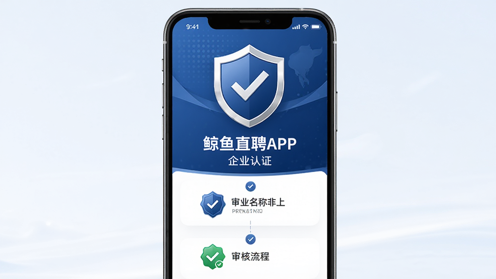 主体为鲸鱼直聘APP的企业认证标识与审核通过页面,布局为手机屏幕中央展示认证徽章与审核流程步骤,排版为纵向步骤图,风格为专业商务风,细节包括盾牌图标、对勾标识、企业名称文字,画质高清,画面干净,无多余元素