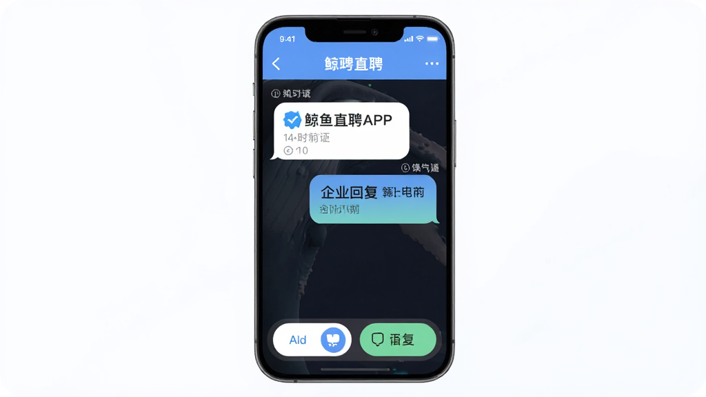 主体为鲸鱼直聘APP的聊天沟通界面,布局为手机屏幕展示对话气泡与快捷回复按钮,排版为左右对话气泡形式,风格为柔和圆角社交风,细节包括已读标记、时间戳、企业认证标识,画质高清,画面干净,无多余元素