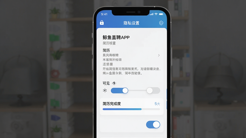 主体为鲸鱼直聘APP的简历编辑与隐私设置界面,布局为手机屏幕展示简历模块与开关按钮,排版为分栏式设置面板,风格为素雅极简风,细节包括锁形图标、可见性滑块、简历完成度进度条,画质高清,画面干净,无多余元素