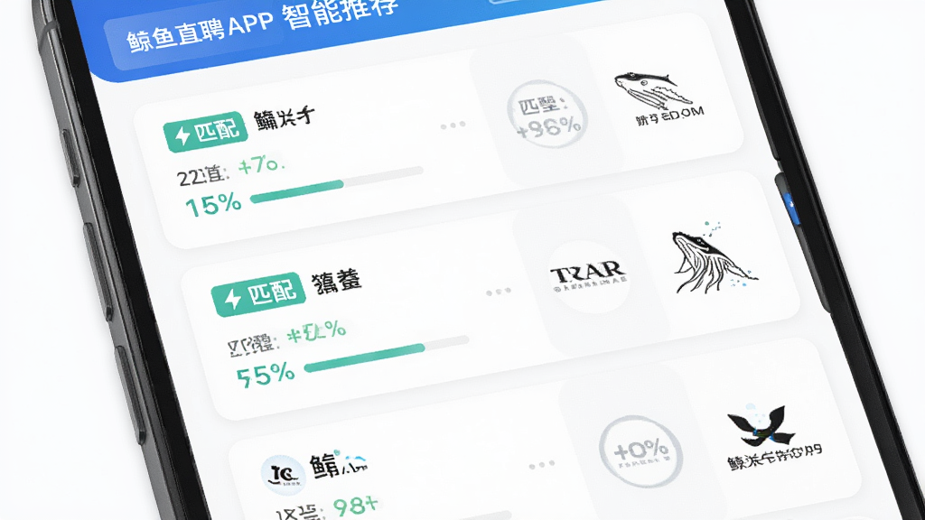 主体为鲸鱼直聘APP的智能推荐界面,布局为手机屏幕特写,屏幕内展示多个职位卡片与匹配度百分比,排版采用上下滑动列表形式,风格为清爽简约的UI设计风,细节包括高亮显示的匹配标签和公司Logo,画质高清,画面干净,无多余元素