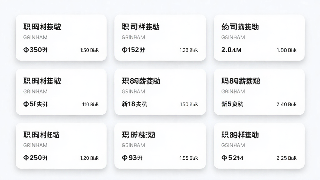 主体是一个招聘信息展示页面,布局为卡片式列表,每张卡片上有职位名称、公司名称和薪资范围,排版整齐,风格为清新浅色系UI,细节上卡片带有轻微阴影和圆角。画质清晰,画面干净,无多余元素。