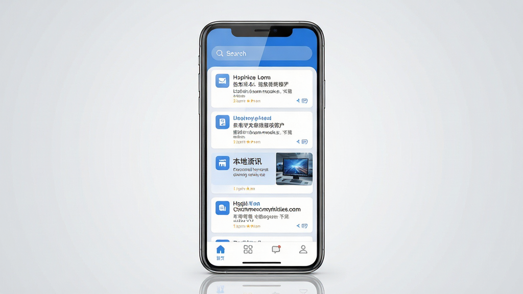 主体为一部智能手机居中展示,屏幕上显示蓝白色调的应用界面,界面中包含招聘信息列表和本地资讯卡片,布局为上下结构,顶部是搜索栏,中间是信息流,底部是导航菜单。排版简洁清晰,风格为现代扁平化UI设计,细节上屏幕有轻微反光质感,背景为浅灰色渐变。画质高清,画面干净,无多余元素。
