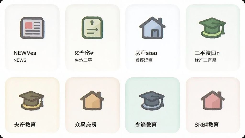 主体是一个信息聚合页面,布局为网格状卡片,每个卡片代表不同生活服务类别,如新闻、二手、房产、教育,排版紧凑有序,风格为柔和圆角卡片设计,细节上图标简洁明了。画质清晰,画面干净,无多余元素。