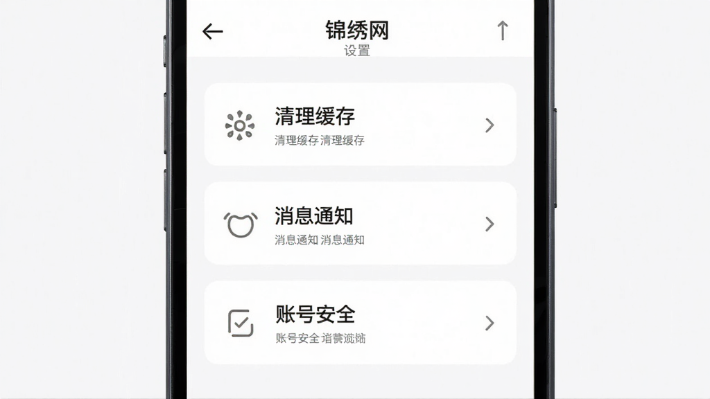 主体是手机屏幕显示锦绣网应用设置页面,布局为纵向列表,包含清理缓存、消息通知、账号安全等选项,排版清晰。风格为极简素雅UI,细节上每个选项配有简约图标。画质高清,画面干净,无多余元素。