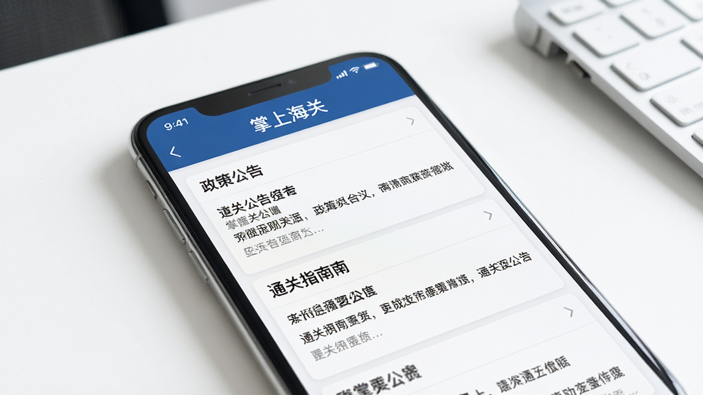 画面为手机屏幕特写,显示“掌上海关”资讯列表页面,包含政策公告和通关指南条目,背景为简洁的白色办公桌面,风格为现代商务,细节清晰,画质干净,无多余元素