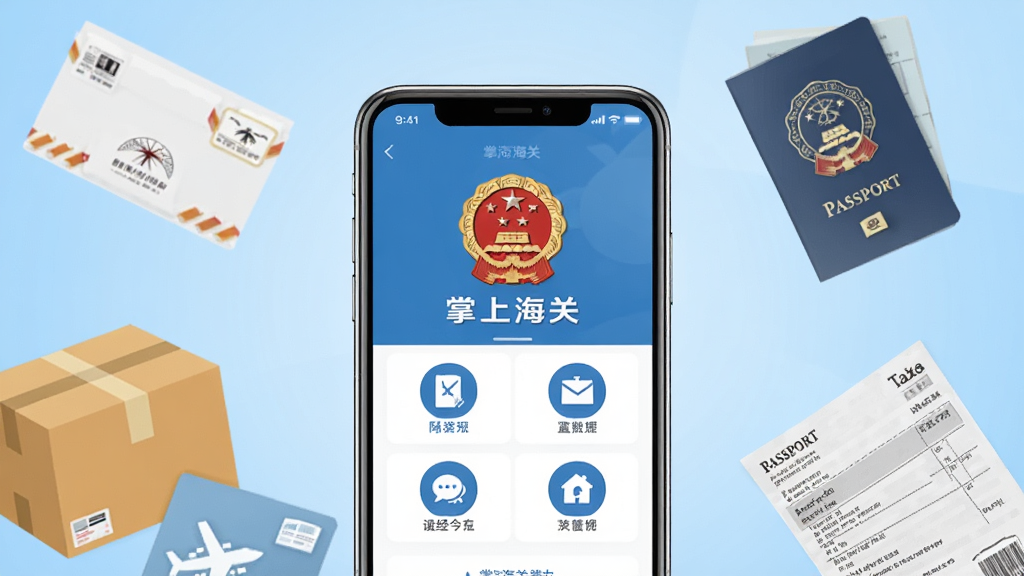 画面中央是一部智能手机,屏幕上显示“掌上海关”应用界面,界面包含海关徽标和功能图标,背景为浅蓝色渐变,周围环绕国际邮件、包裹、护照、税费单据等元素,整体布局简洁大气,风格为扁平化政务设计,细节清晰,画质干净,无多余元素,高清渲染
