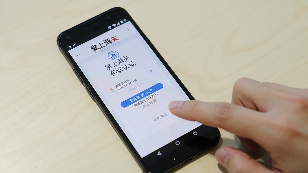 画面展示一部安卓手机屏幕显示“掌上海关”实名认证页面,旁边有手指点击屏幕的动作,背景为简洁的浅色桌面,风格为写实操作演示,细节清晰,画质干净,无多余元素
