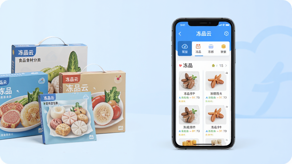 画面主体为一部智能手机,屏幕显示冻品云应用首页界面,界面中呈现冻品食材分类导航和商品列表,背景为干净的浅蓝色渐变,左侧摆放几盒冷冻食材包装盒作为点缀,整体采用扁平化UI风格,细节清晰,画质干净,无多余元素,画面中文字标注“冻品云”。