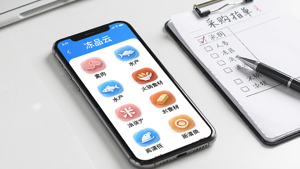 智能手机屏幕展示冻品云商品分类页面,画面中央为冻品云应用界面,分类图标整齐排列,包含禽肉、水产、火锅食材等标签,背景为白色桌面,旁边放置一本采购清单和一支笔,风格为写实产品展示,光线明亮柔和,画质清晰干净,屏幕中文字显示“冻品云”。