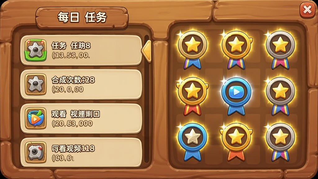 游戏界面中显示每日任务列表和成就勋章墙,任务包括合成次数和观看视频,勋章闪闪发光,背景是温馨的木质面板,卡通风格,细节丰富,画质清晰,干净无多余元素