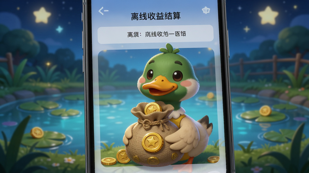 手机屏幕显示离线收益结算界面,一只鸭子抱着金币袋,背景是夜晚的池塘和星星,画面温馨,卡通风格,细节清晰,画质干净无多余元素