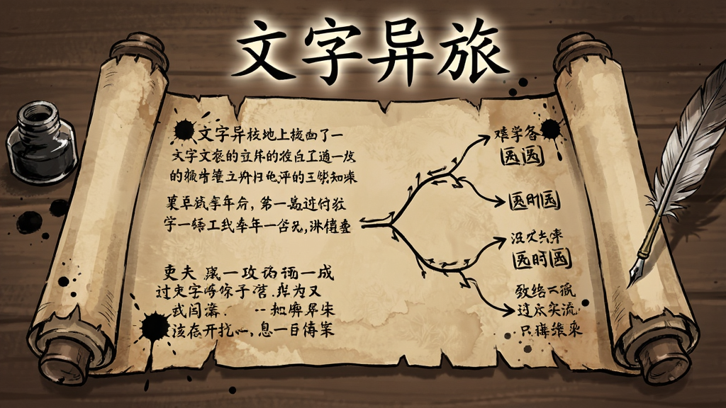 一张横向展开的古老卷轴,卷轴上写满中文文字段落与分支箭头,卷轴上方悬浮“文字异旅”四个大字,卷轴两侧有墨水瓶与羽毛笔,背景为深色木质桌面,风格为复古手绘插画,细节包含纸张纹理与墨迹飞溅,画质高清,干净,无多余元素