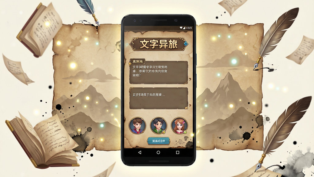 画面中央放置一部安卓手机,手机屏幕显示“文字异旅”游戏主界面,界面中有文字对话框与角色选择按钮,背景是复古羊皮纸质感与远山剪影,四周环绕漂浮的书页与羽毛笔,整体布局居中对称,风格为清新奇幻插画,细节包含微光粒子与墨迹晕染,画质高清,干净,无多余元素