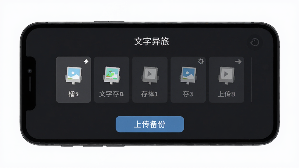 一部手机屏幕显示“文字异旅”游戏存档界面,界面中有多个存档槽位与上传备份按钮,背景是简洁的深色UI,风格为扁平化设计,细节包含图标与文字标签,画质高清,干净,无多余元素