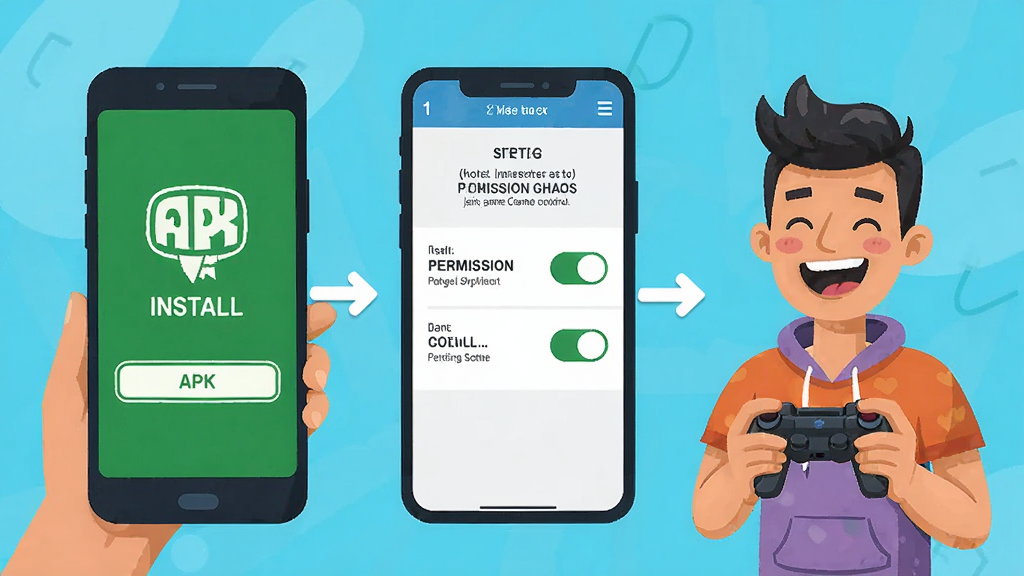 Hotel Chaos mobile game installation guide illustration showing a smartphone with APK install screen, permission settings toggle, and a happy player, clean flat design, bright colors, step by step visual, high quality, no extra elements