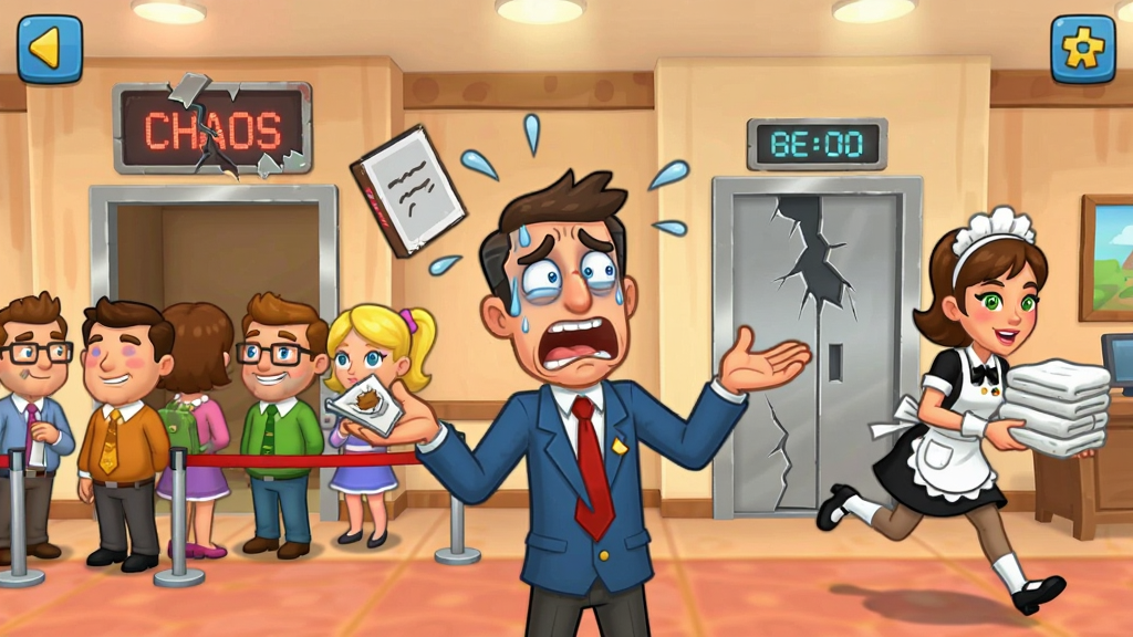 Hotel Chaos gameplay scene with a stressed hotel manager juggling multiple tasks, guests waiting in line, a broken elevator sign, and a maid running with towels, cartoon style, bright colors, detailed background, high quality, clean composition