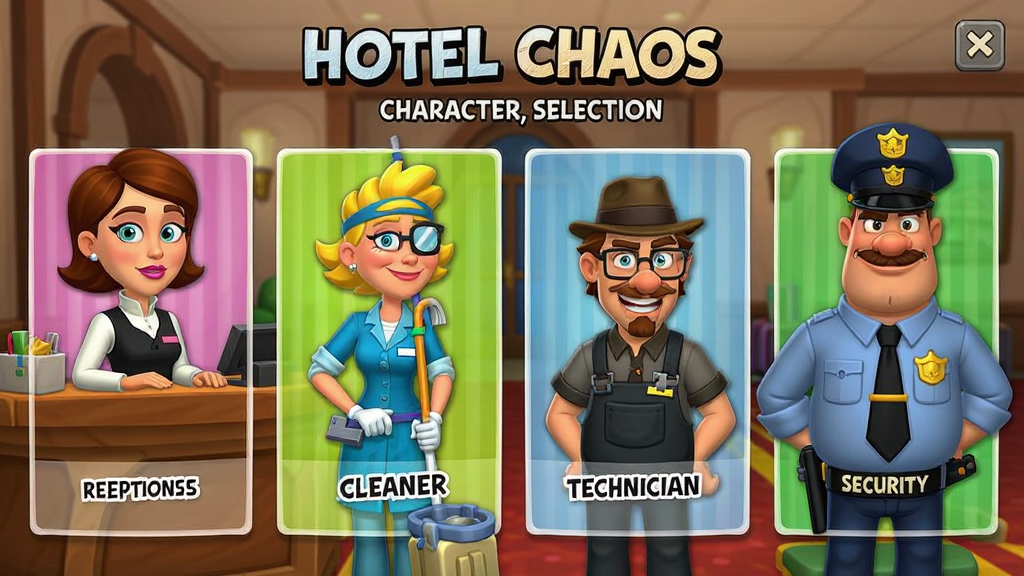 Hotel Chaos character selection screen showing various hotel staff members like receptionist, cleaner, technician, and security guard, each with unique outfits and expressions, cartoon style, vibrant colors, clean layout, high quality