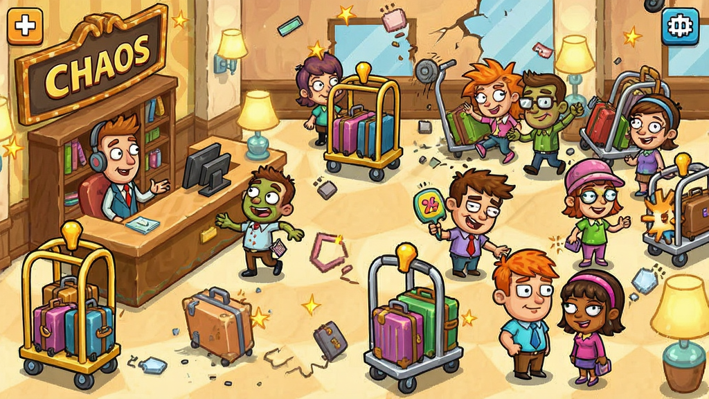 Hotel Chaos game screenshot showing a chaotic hotel lobby with cartoon characters, reception desk, luggage carts, and colorful guests, vibrant colors, detailed 2D illustration, clean composition, high quality, no extra elements