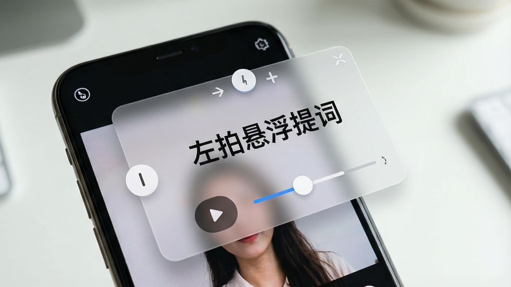 一张展示左拍悬浮提词功能使用场景的图片。画面中一部手机正在运行相机应用,屏幕上方叠加了一个半透明的提词器悬浮窗,悬浮窗内文字为“左拍悬浮提词”,悬浮窗边缘有拖动按钮和速度调节滑块。布局为手机正面特写,背景为简洁桌面。风格为功能演示风格,细节包括悬浮窗半透明毛玻璃效果、清晰的操作按钮。画质清晰,干净,无多余元素。