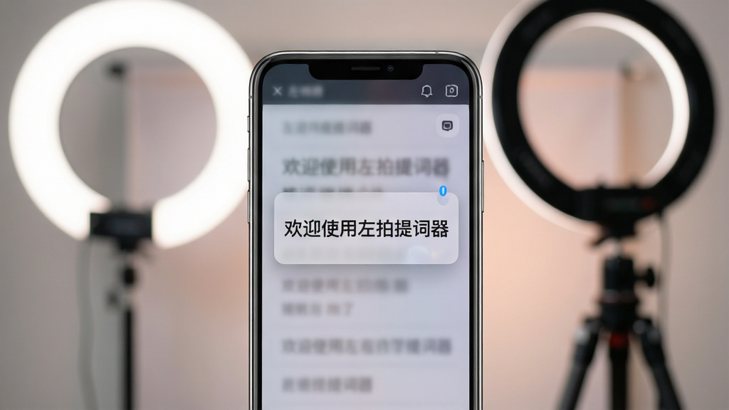 一张展示左拍软件核心功能的手机界面场景图。画面中央是一部竖屏智能手机,屏幕内显示左拍提词器悬浮窗正在滚动字幕,字幕内容为“欢迎使用左拍提词器”,手机后方是虚化的直播补光灯与三脚架。布局为居中构图,手机占画面主体。风格为科技感产品展示风,细节包括手机屏幕高光、悬浮窗半透明效果、背景柔光虚化。画质高清,干净,无多余元素。