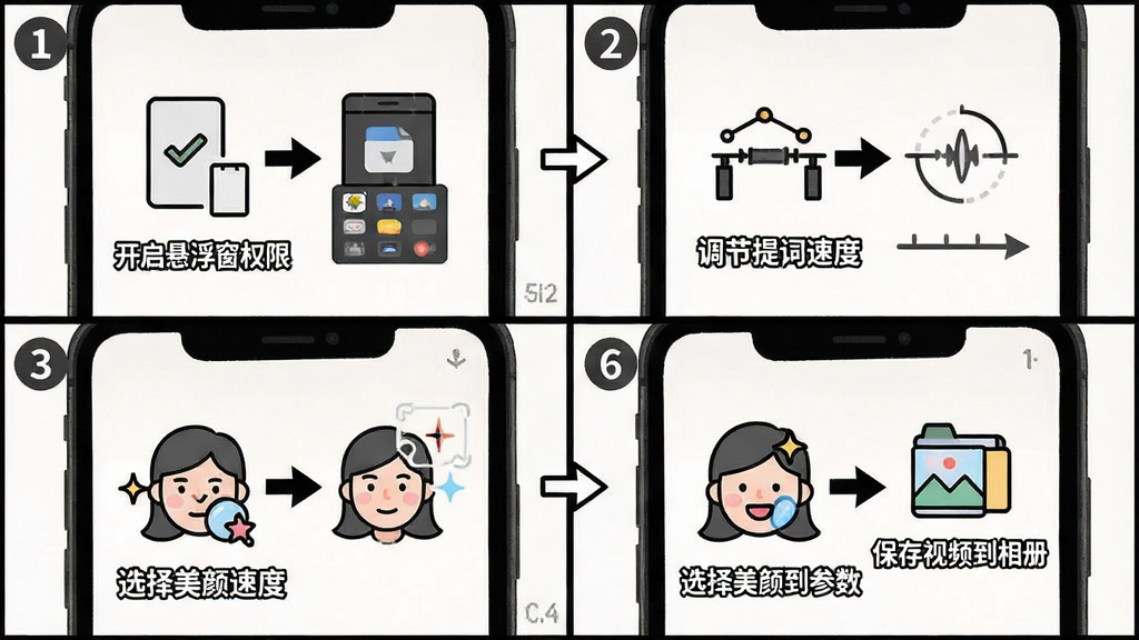 一张展示左拍新手操作步骤的示意图。画面为手机屏幕四格漫画风格,分别展示“开启悬浮窗权限”“调节提词速度”“选择美颜参数”“保存视频到相册”四个步骤,每格配有简笔图标和简短文字说明。布局为2x2网格排列,风格为扁平化教程插画,细节包括清晰箭头指示、步骤编号。画质清晰,干净,无多余元素。