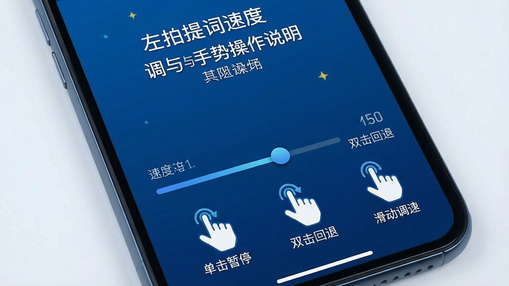 一张展示左拍提词速度调节与手势操作说明的图片。画面中手机屏幕显示提词界面,屏幕底部有速度调节滑块和手势图标,图标标注“单击暂停”“双击回退”“滑动调速”。布局为手机界面特写,风格为科技蓝调UI,细节包括清晰的手势示意图、进度条、速度数值显示。画质高清,干净,无多余元素。