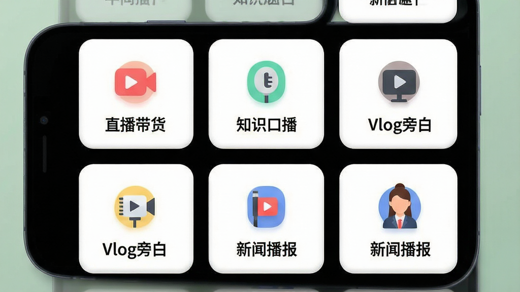 一张展示左拍多场景模板选择界面的图片。画面为手机屏幕截图风格,屏幕内排列着多个卡片式模板选项,卡片上分别写着“直播带货”“知识口播”“Vlog旁白”“新闻播报”,每个卡片配有对应的图标。布局为网格排列,风格为清新扁平化UI设计,细节包括卡片圆角、柔和阴影、彩色图标。画质清晰,干净,无多余元素。
