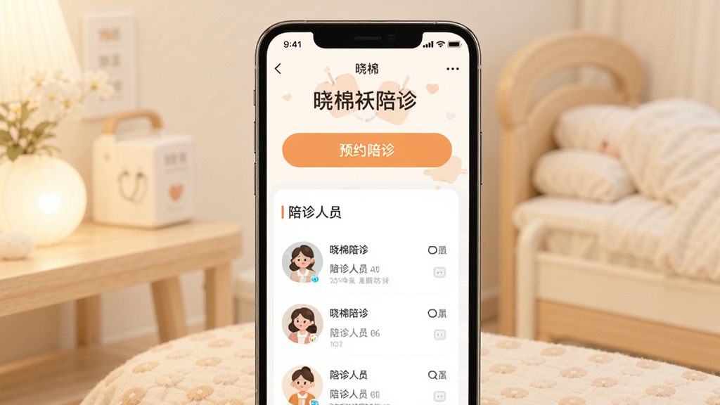 主体是一个手机屏幕展示晓棉袄陪诊应用界面,布局为居中放置手机,排版简洁,风格为温馨医疗风,细节包括预约陪诊按钮和陪诊人员列表,画质清晰干净无多余元素,屏幕上显示文字