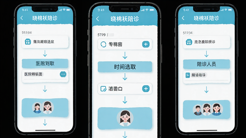 主体是手机界面展示晓棉袄陪诊预约流程,布局为竖向排列的步骤图,排版清晰,风格为扁平化设计,细节包含医院选择、时间选取和陪诊人员头像,画质高清干净无多余元素,界面中带有