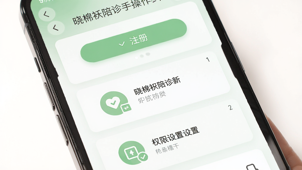 主体是手机屏幕展示晓棉袄陪诊新手操作界面,布局为分步指引卡片,排版从上到下,风格为清新浅绿,细节包含注册按钮和权限设置图标,画质高清干净无多余元素,界面中带有