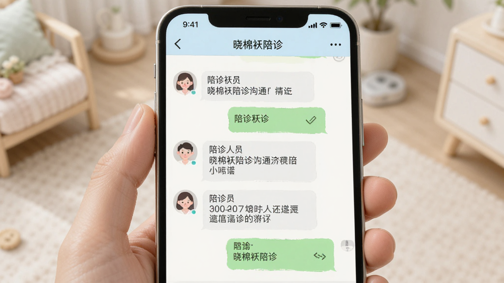 主体是手机聊天界面展示晓棉袄陪诊沟通功能,布局为对话气泡样式,排版自然,风格为柔和浅色,细节包括陪诊人员头像和消息记录,画质清晰干净无多余元素,界面中带有
