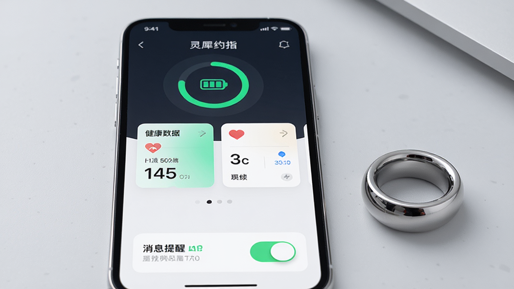 画面中央一部智能手机屏幕亮起,显示“灵犀约指”APP主界面,界面布局简洁,上方有戒指电量圆环图标,中间有健康数据卡片,下方有消息提醒开关按钮。手机旁边放置一枚银色智能戒指,戒指表面有细微光泽,背景为浅灰色桌面,整体风格清新科技感,细节清晰,画质干净,无多余元素,无杂乱文字。
