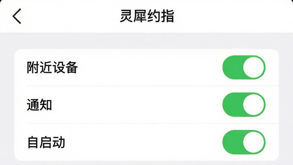 一张手机截图风格图片,画面展示“灵犀约指”APP的权限设置页面,高亮显示“附近设备”“通知”“自启动”三个开关均为开启状态,背景为白色,界面元素清晰,风格简洁,画质干净,无多余装饰。