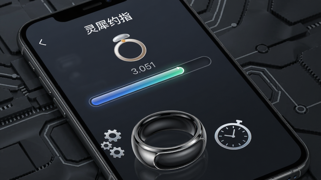 手机屏幕显示“灵犀约指”APP的固件升级页面,进度条正在前进,上方有戒指图标和版本号“3.051”。手机下方放置一枚智能戒指,戒指旁边有齿轮与表盘图标装饰。背景为深灰色科技纹理,风格数码感,细节包括进度条的光泽和戒指的金属边框,画质高清,干净无多余元素。