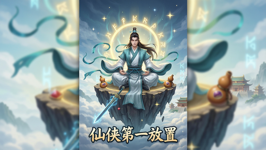 一幅竖版仙侠风格的游戏场景插画,画面主体是一位身穿青白色道袍的修仙者盘坐在悬浮山峰的顶端,背后有金色光环与飘动的灵气符文,下方云海翻涌,远处隐约可见仙宫楼阁,布局上方留出天空区域,中部为人物与山峰,底部为云海与游戏标题文字