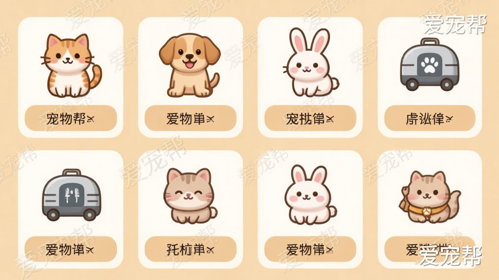 一张爱宠帮APP宠物类型选择界面图,画面中展示多个宠物图标,包括猫、狗、兔子等,每个图标下方有对应的托运选项。背景为温暖的米色,风格可爱亲切,画质高清,布局整齐,带有“爱宠帮”水印,无多余元素。