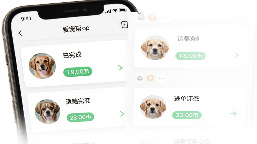 一张爱宠帮APP个人中心订单列表截图,画面展示手机屏幕中的订单记录页面,包含已完成和进行中的订单卡片,卡片上有宠物头像和状态标签。背景为纯白色,风格简约清新,画质高清,布局清晰,无多余元素。