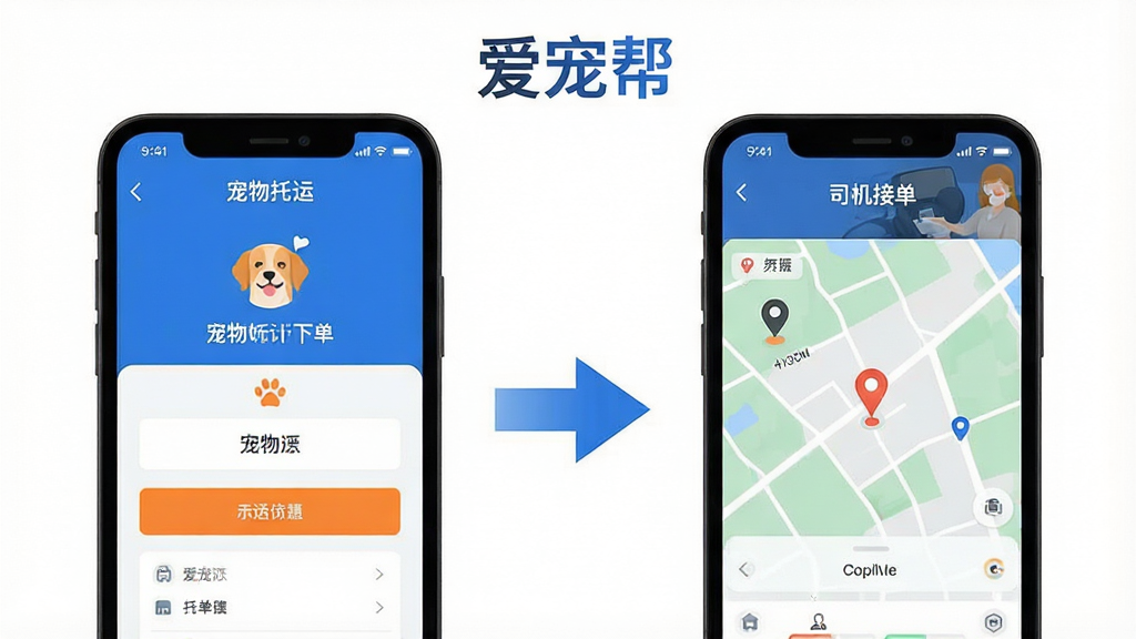 一幅爱宠帮APP功能展示图,画面左侧展示宠物托运下单页面,右侧展示司机接单和实时地图跟踪界面。中间用箭头连接,体现服务流程。背景为干净的白色,画面中带有“爱宠帮”文字标识。风格为现代扁平化设计,色彩以蓝色和橙色为主,画质高清,布局清晰,无多余元素。